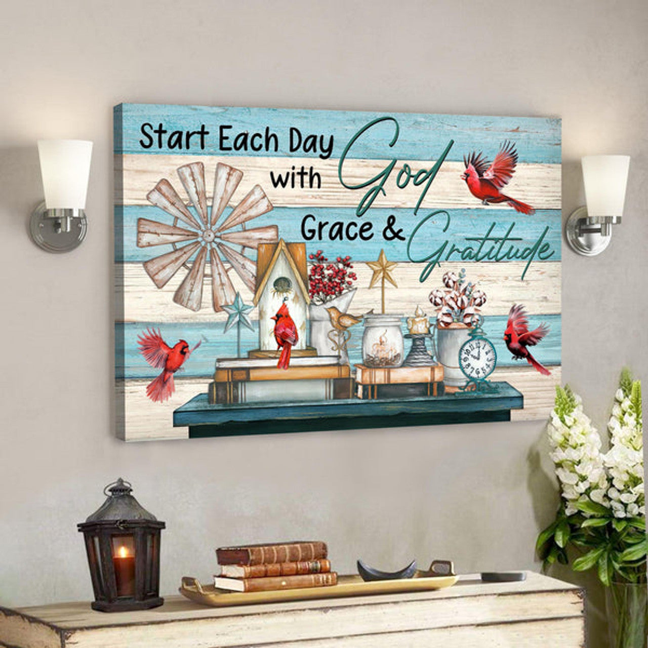 Cardinal Canvas - Start Each Day With Grace And Gratitude Canvas Wall Art - Bible Verse Canvas 