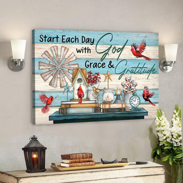 Cardinal Canvas - Start Each Day With Grace And Gratitude Canvas Wall Art - Bible Verse Canvas 