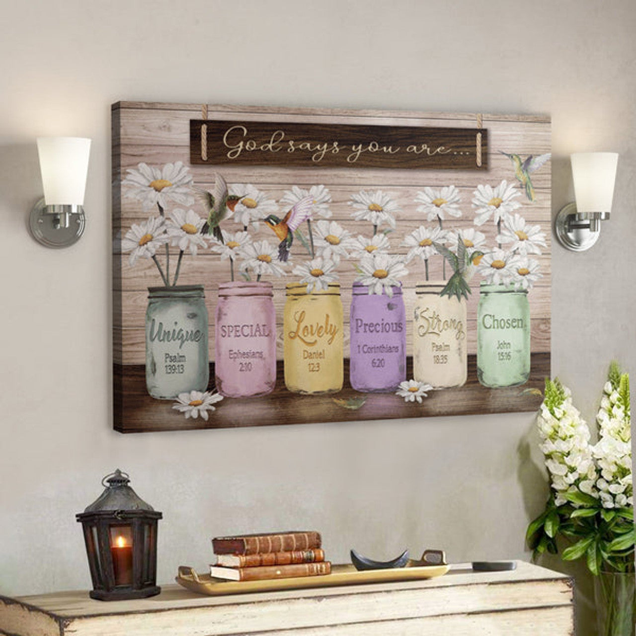 Bible Verse Wall Art Canvas - Daisy Jar Vase - God Says You Are Canvas 