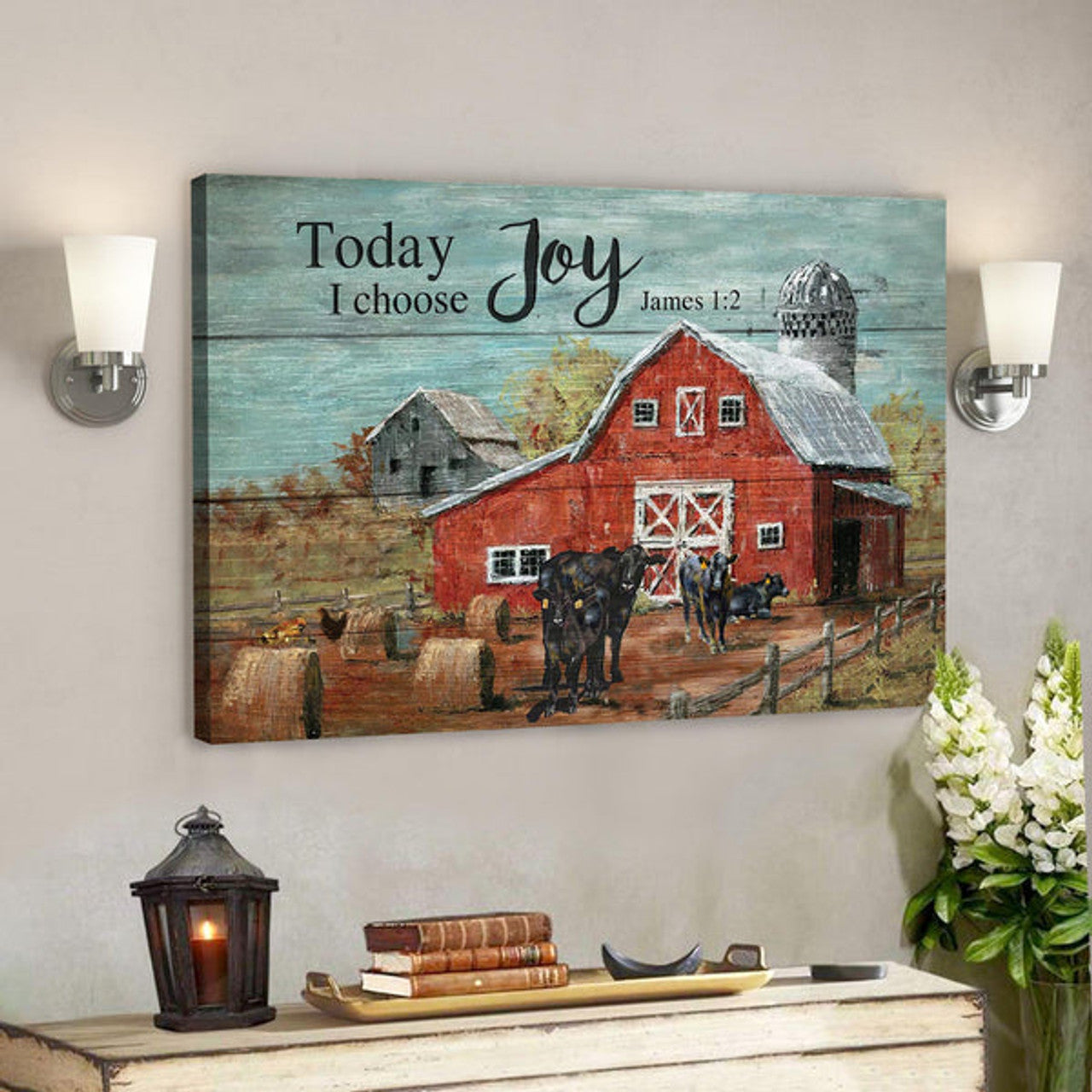 Bible Verse Canvas - Angus Cows In Tranquil Farm - Today I Choose Joy Canvas Wall Art 