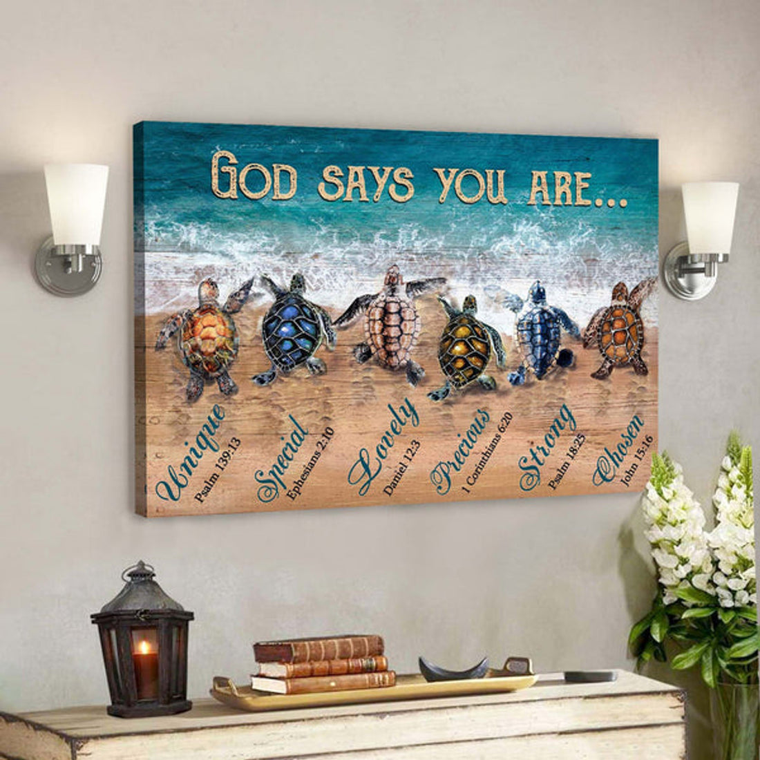 Turtle To The Ocean - God Says You Are Canvas Wall Art - Bible Verse Canvas - Scripture Canvas Wall Art 