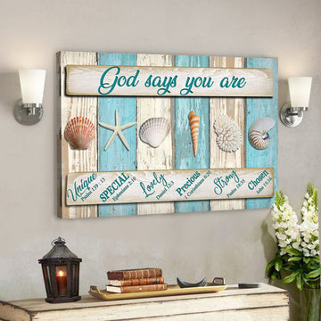 Bible Verse Canvas - Seashell - God Says You Are Canvas Print - Scripture Canvas Wall Art 