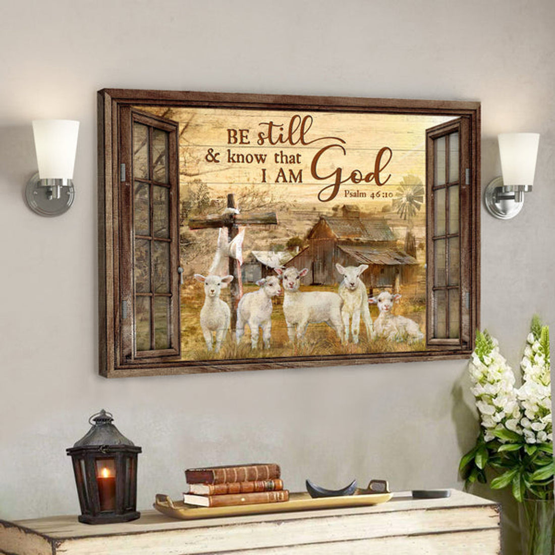 Window Frame - The Lambs - Be Still And Know That I Am God Canvas Wall Art - Bible Verse Canvas 