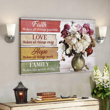 Peonies In Green Vintage Vase - Faith Hope Love Family Canvas Wall Art - Bible Verse Canvas - Scripture Canvas Wall Art 
