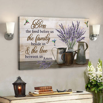 Bless The Food Before Us Canvas Wall Art - Lavender Vase With Hummingbird 