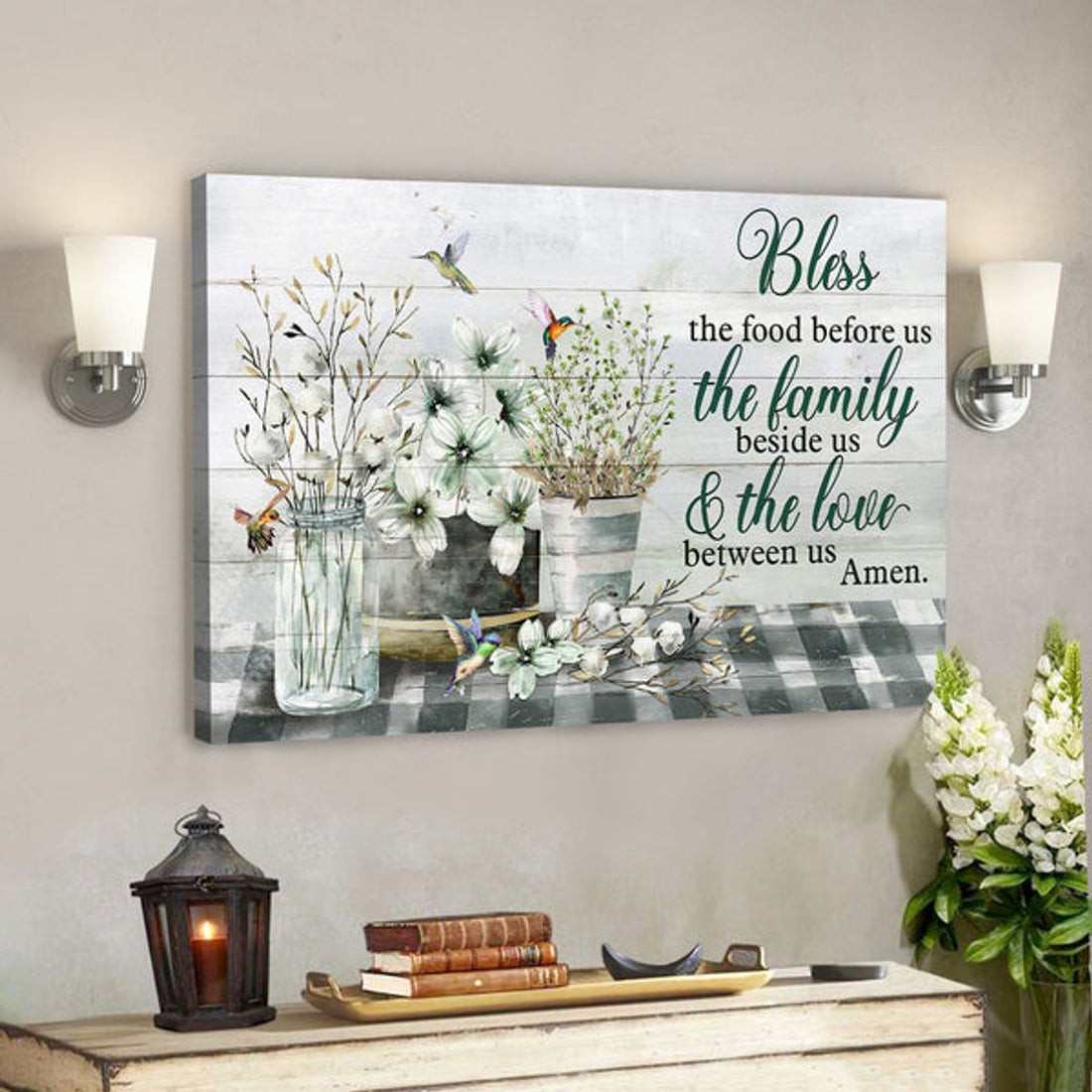 Flower Vases With Hummingbird - Bless The Food Before Us - Bible Verse Canvas - Scripture Canvas Wall Art 
