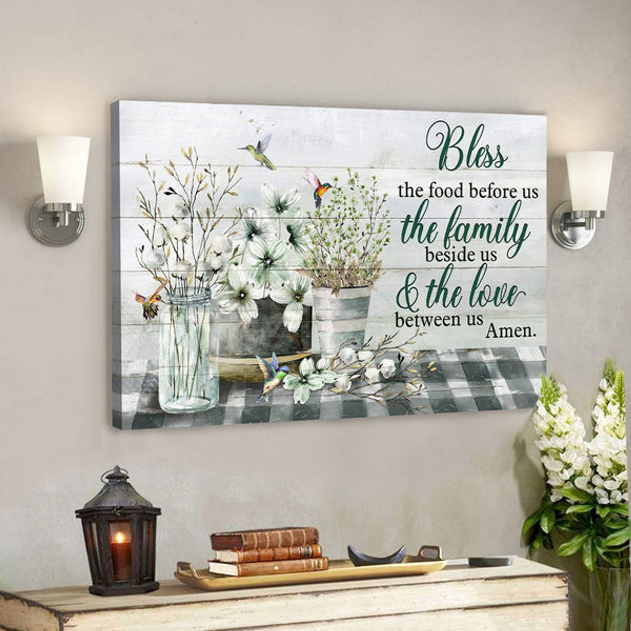 Flower Vases With Hummingbird - Bless The Food Before Us - Bible Verse Canvas - Scripture Canvas Wall Art 