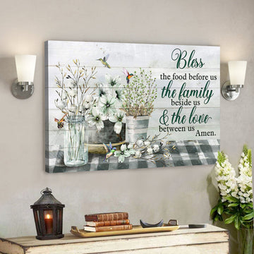 Flower Vases With Hummingbird - Bless The Food Before Us - Bible Verse Canvas - Scripture Canvas Wall Art 