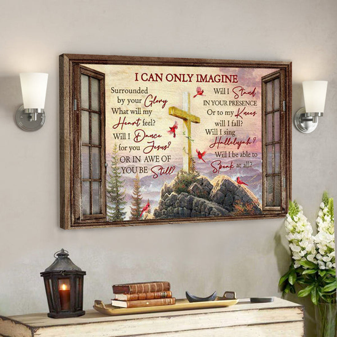 Christian Canvas Wall Art - Beautiful Mountain - Wooden Cross - Pink Sunset - I Can Only Imagine 