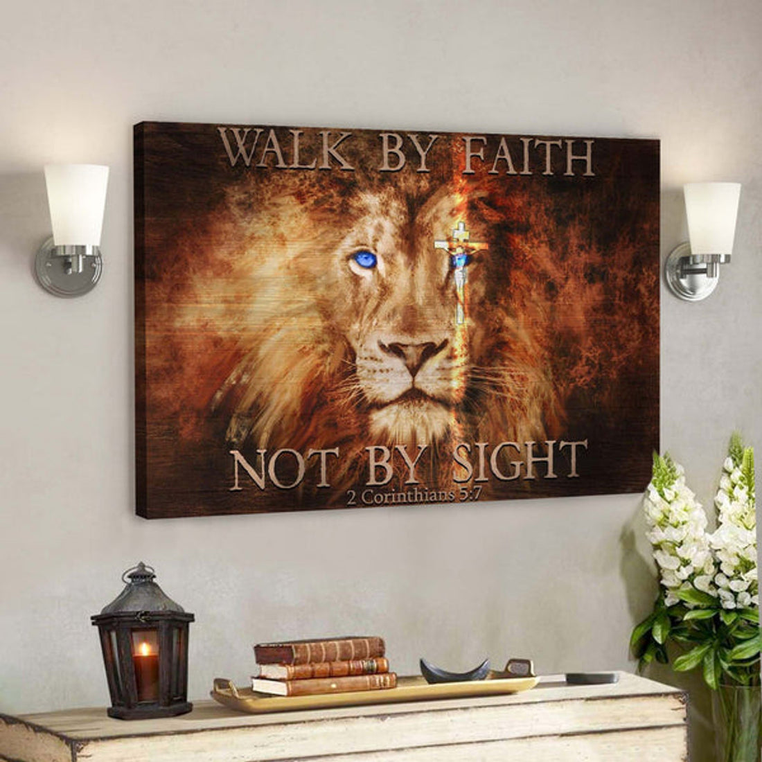 Fascinating Lion - Walk By Faith Not By Sight Jesus - Bible Verse Canvas - Scripture Canvas Wall Art 