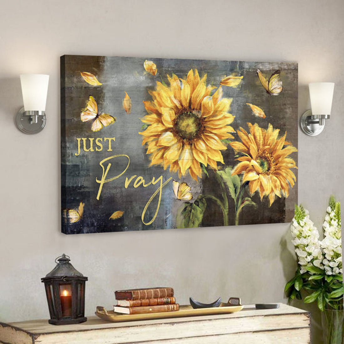Sunflower And Yellow Butterfly - Just Pray - Bible Verse Canvas - Scripture Canvas Wall Art 