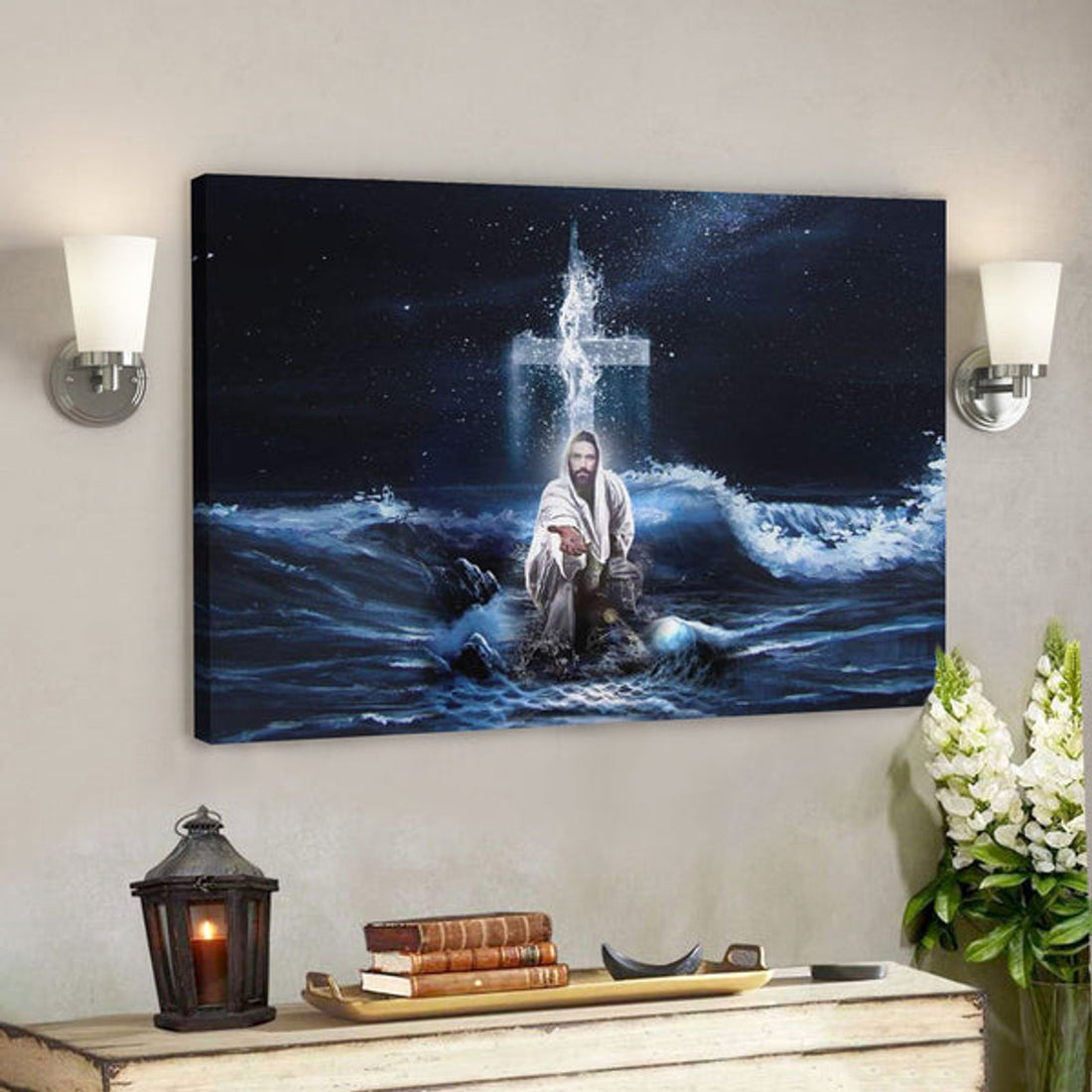 God Canvas Prints - Jesus Canvas Art - Jesus Outstretched Hands Saves Canvas Wall Art - Horizontal Christian Wall Art 