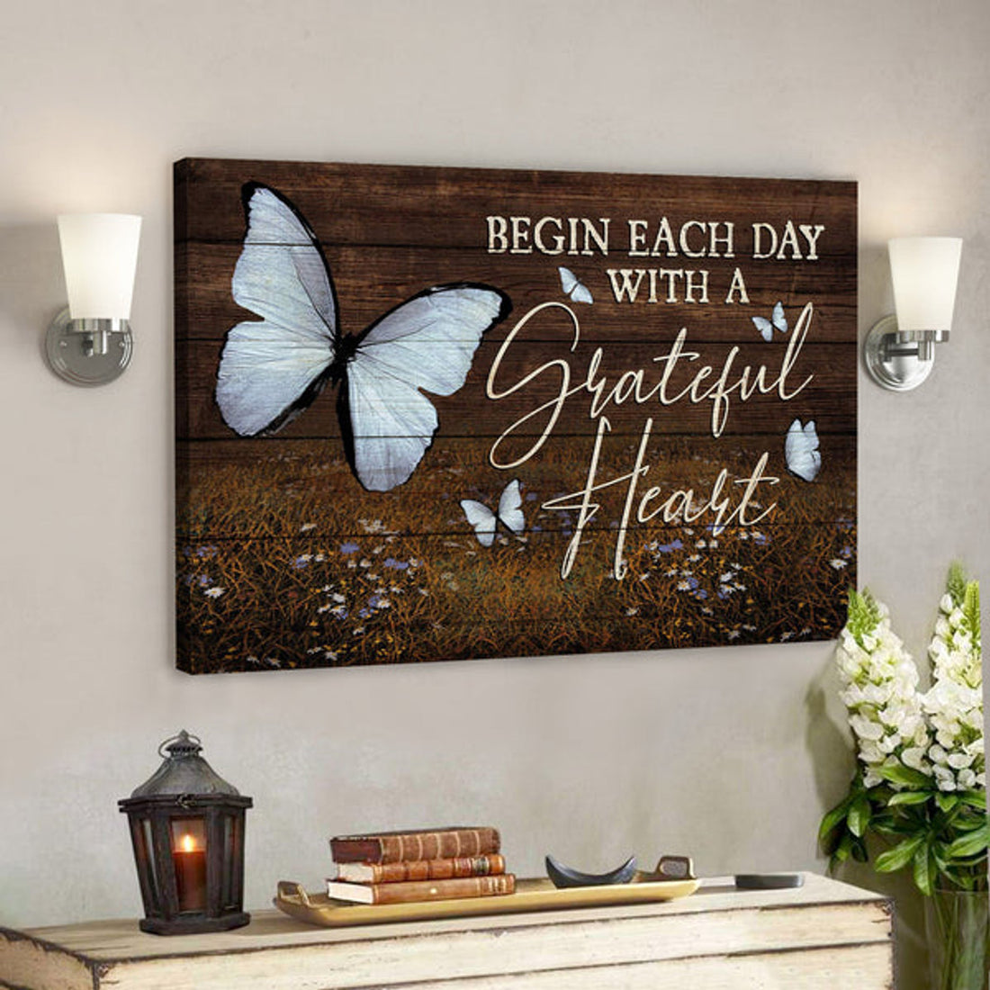 Butterfly - Begin Each Day With Grateful Heart - Bible Verse Canvas - Scripture Canvas Wall Art 