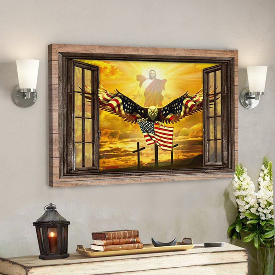 Jesus Open Arms Bald Eagle American Flag - Christian Canvas Wall Art - Christian Wall Decor - Faith Canvas Wall Art - Scripture Wall Art 