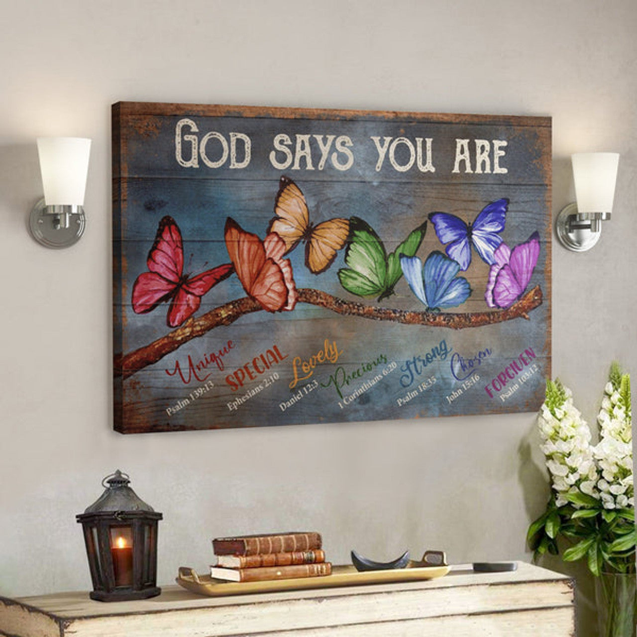 God Says You Are Amazing Butterfly Canvas Wall Art - Rustic Wood Background 