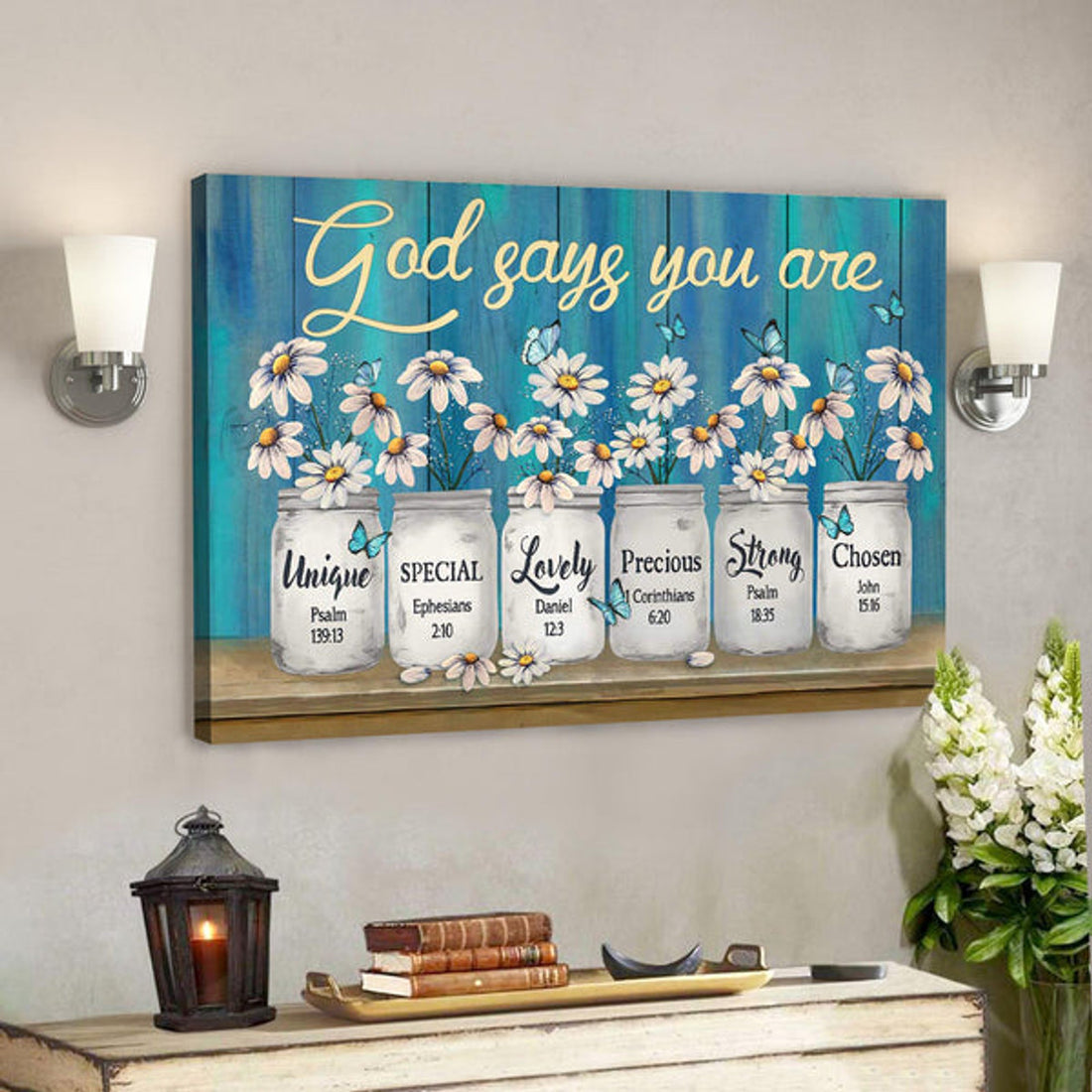 Bible Verse Canvas - Daisy Jar On Blue Background - God Says You Are Canvas Wall Art 