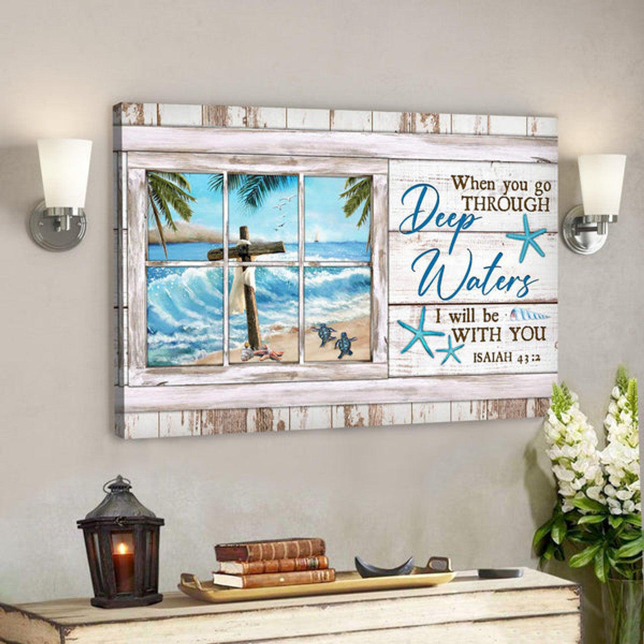 Bible Verse Canvas - The Cross And Turtle On The Beach - When You Go Through Deep Water I Will Be With You Canvas 