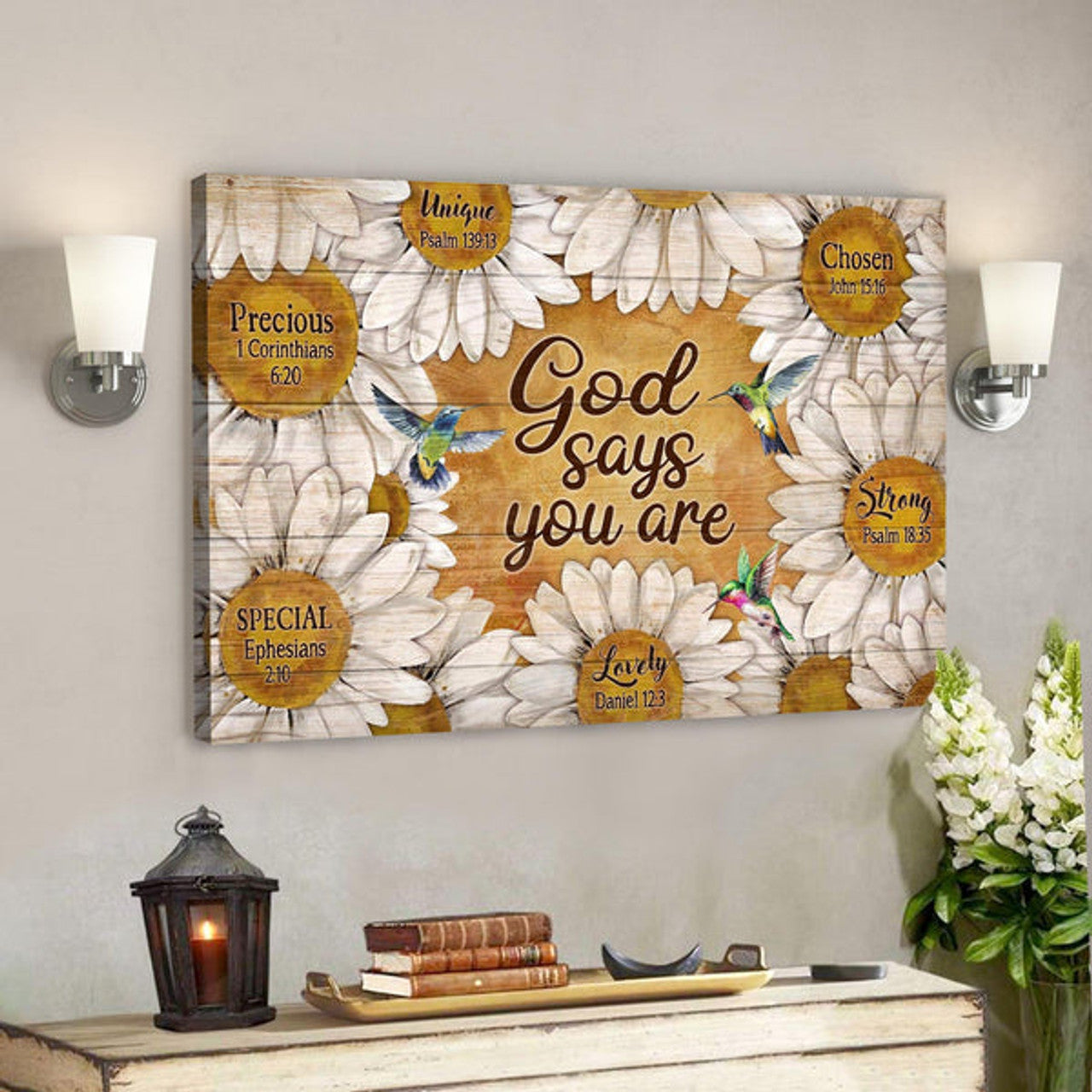 Daisy And Hummingbird - God Says You Are Canvas Wall Art - Bible Verse Canvas - Scripture Canvas Wall Art 