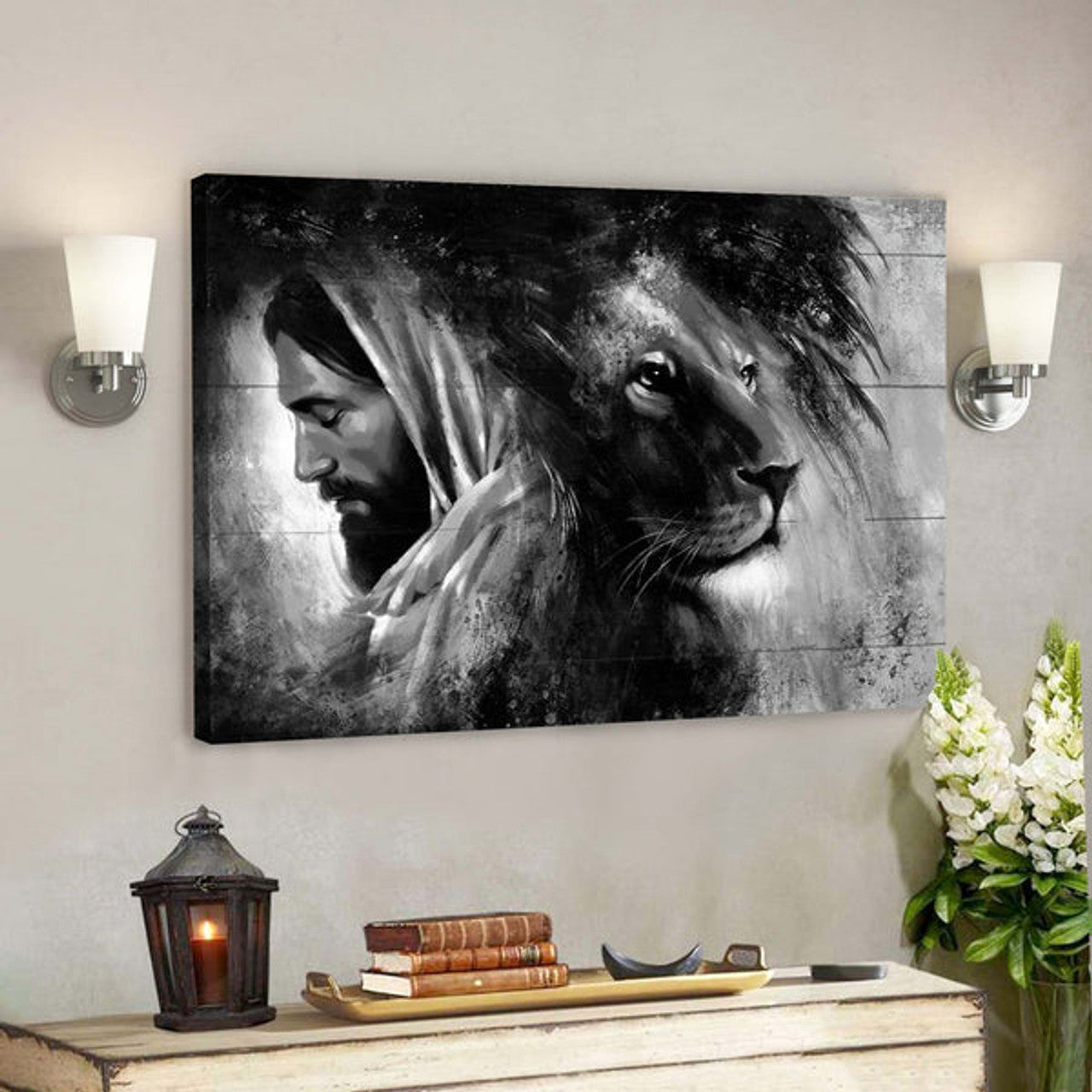 Jesus And The Awesome Lion Canvas Wall Art - Bible Verse Canvas - Scripture Canvas Wall Art 