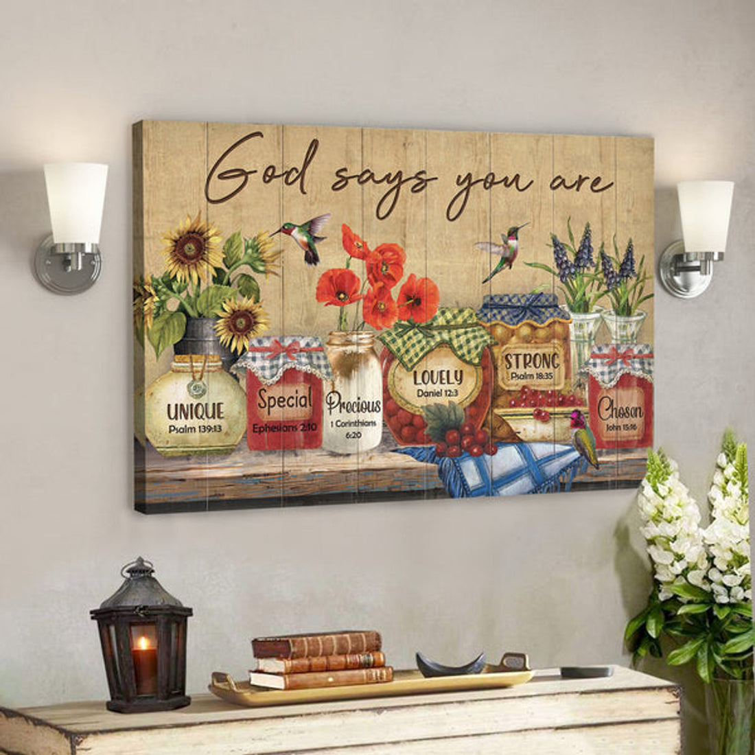 Hummingbird And Beautiful Jars - God Says You Are Canvas Wall Art - Bible Verse Canvas - Scripture Canvas Wall Art 
