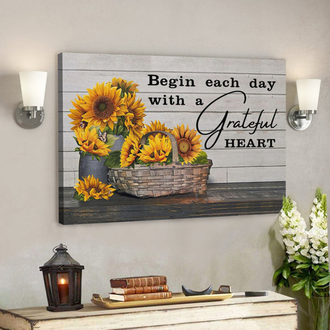 Bible Verse Canvas - Begin Each Day With A Grateful Heart Canvas Print - Scripture Canvas Wall Art 