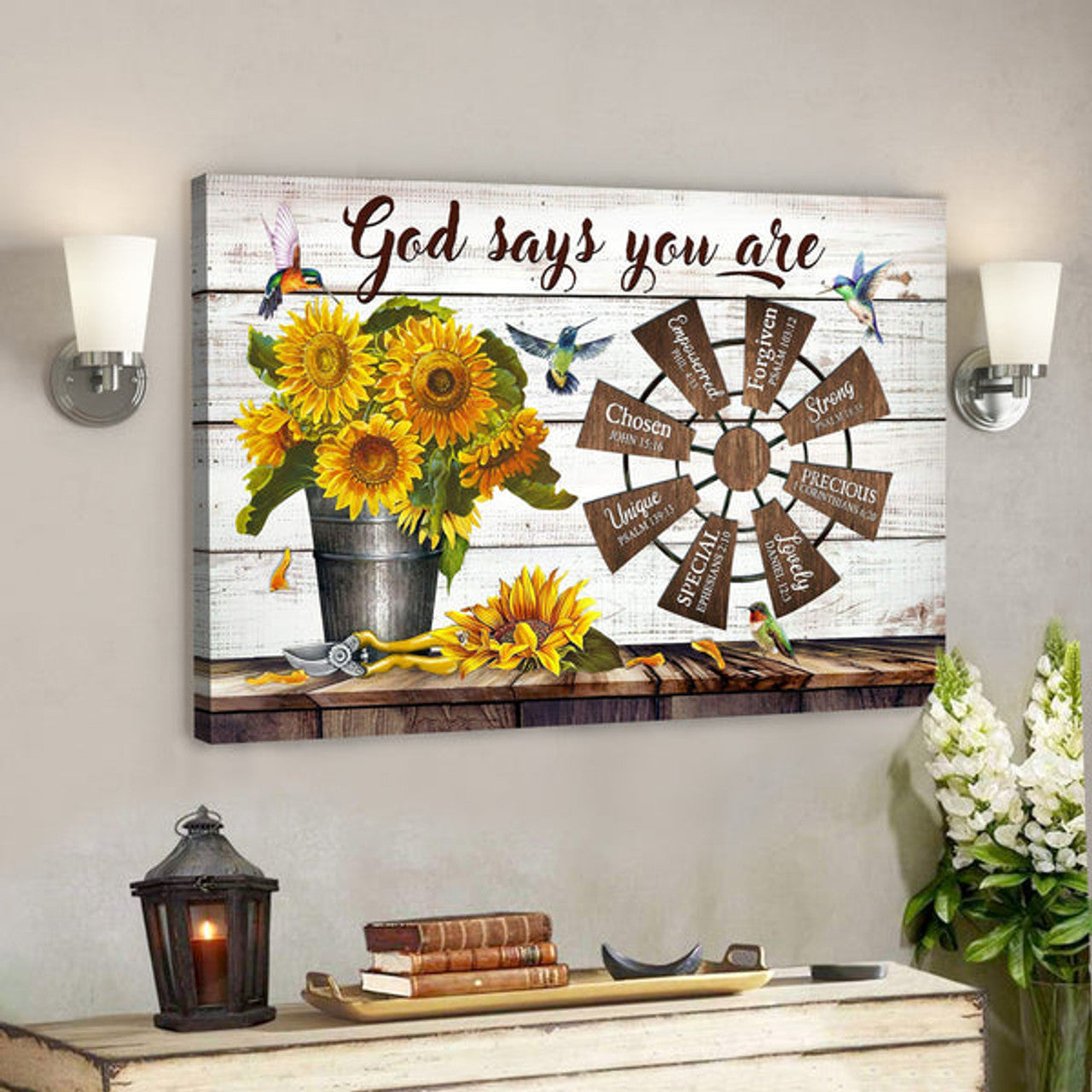 Sunflower And Windmill - God Says You Are - Bible Verse Canvas - Scripture Canvas Wall Art 