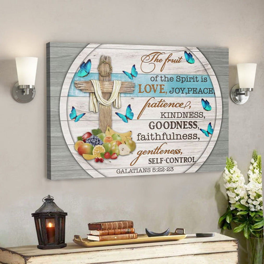 Bible Verse Canvas - The Fruit Of The Spirit Butterfly Cross Canvas - Scripture Canvas Wall Art 
