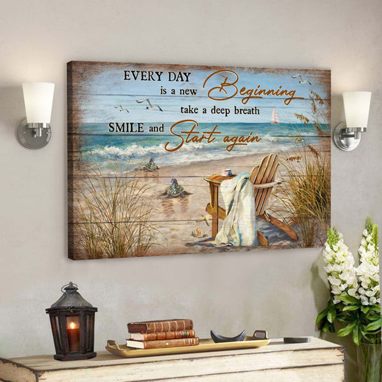 Turtle To The Beach - Every Day Is A New Beginning Canvas Wall Art  Bible Verse Canvas Scripture Canvas Wall Art 