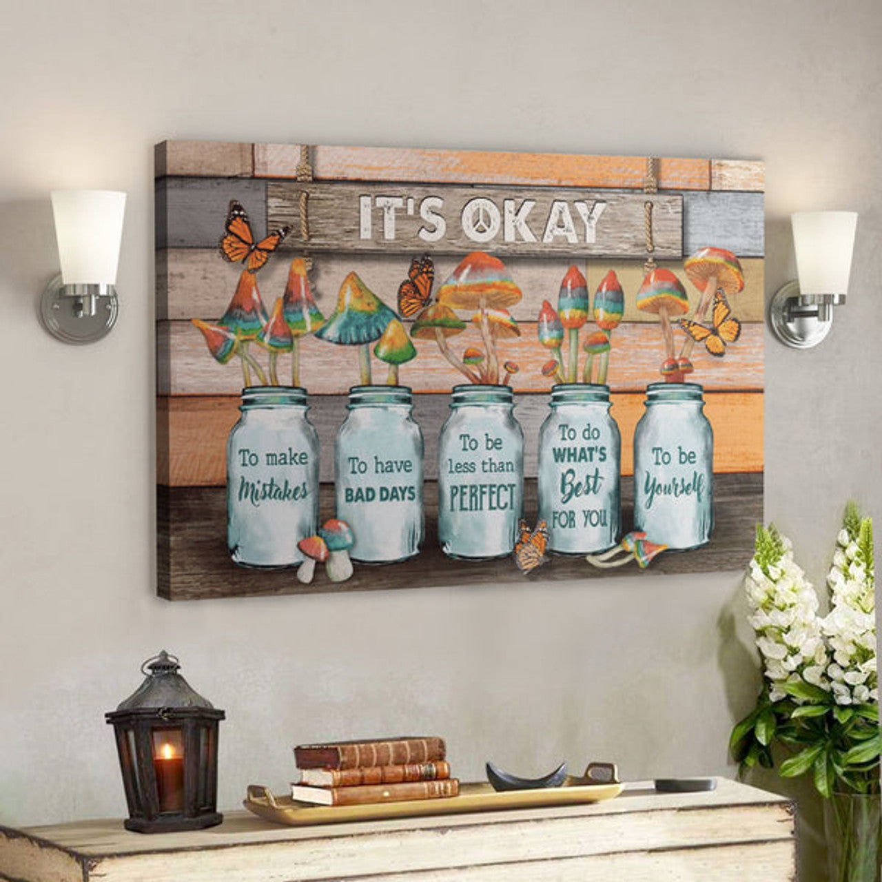 Bible Verse Wall Art Canvas - Colorful Mushroom - Its Okay To Be Yourself Canvas 