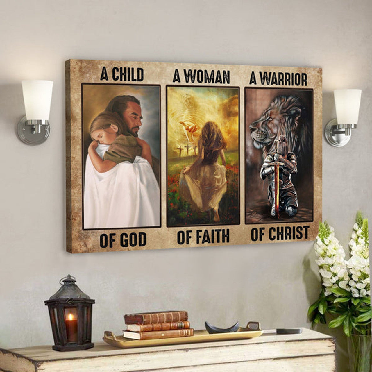 Bible Verse Wall Art Canvas - A Child Of God A Woman Of Faith A Warrior Of Christ Canvas 