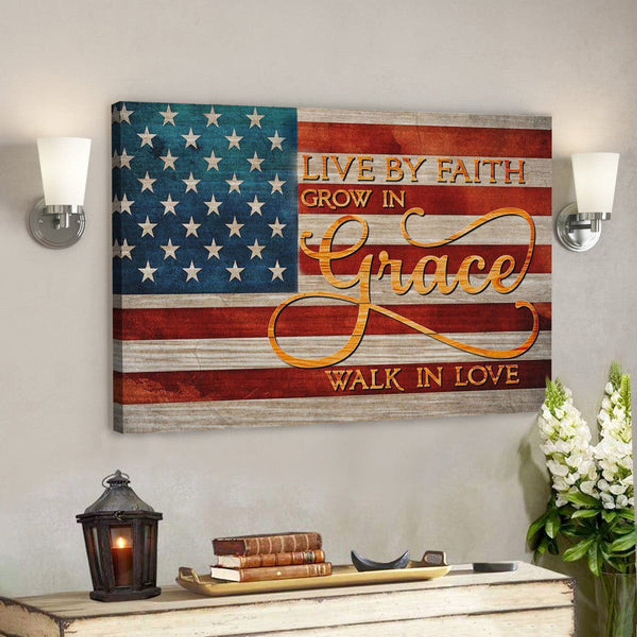 Bible Verse Canvas - Live By Faith Grow In Grace Walk In Love Canvas - American Christian Wall Art - Scripture Canvas Wall Art 