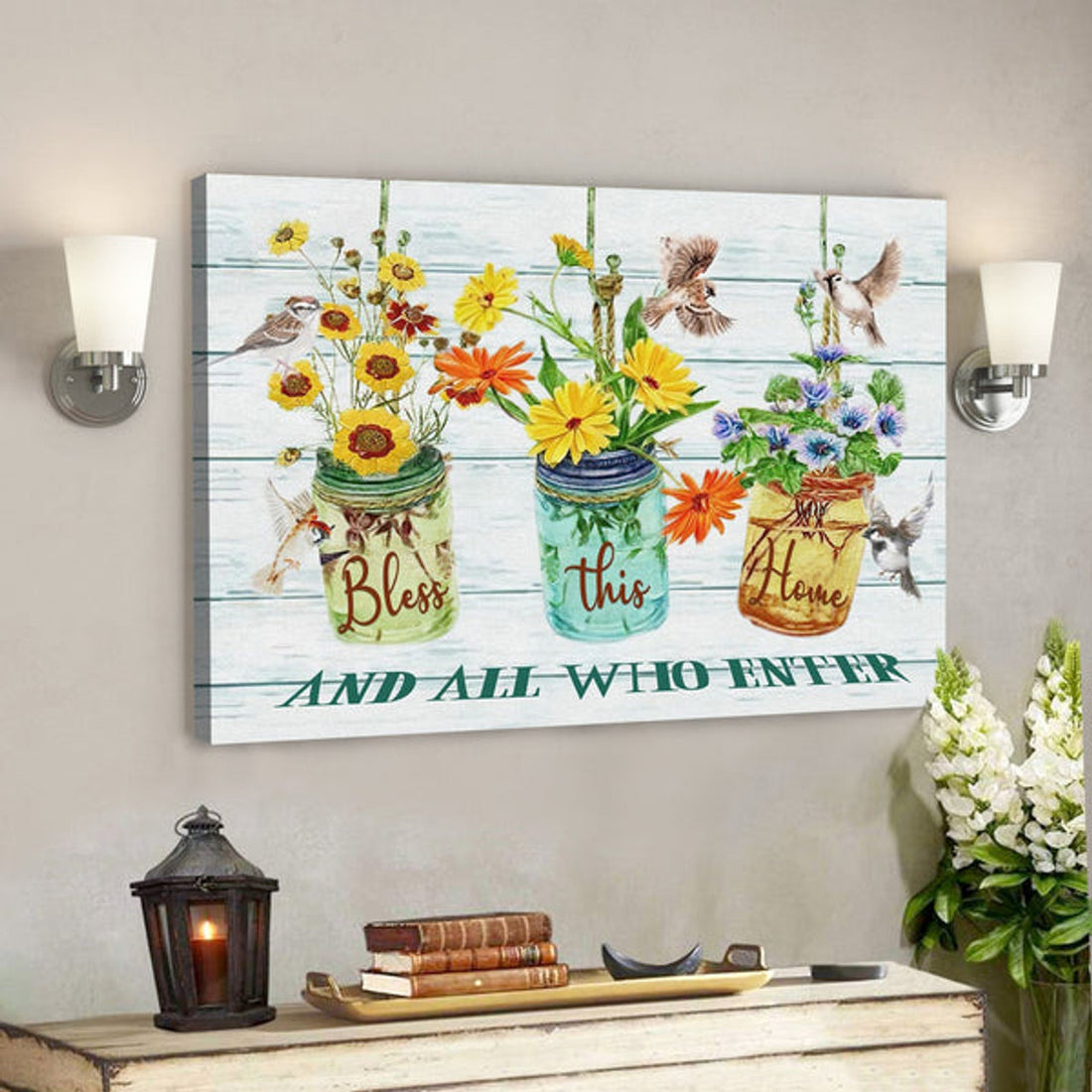 Bible Verse Canvas - Bless This Home And All Who Enter Floral Sparrow Canvas Print - Scripture Canvas Wall Art 