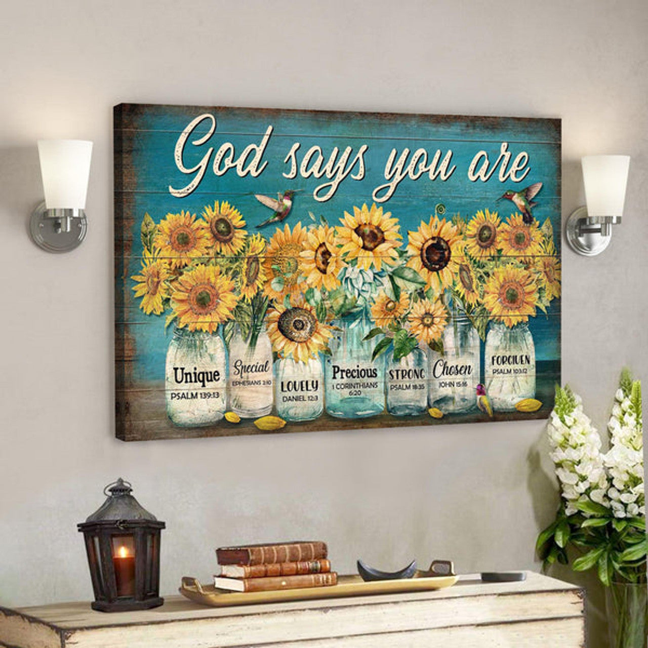Sunflower Jar - God Says You Are Canvas Wall Art - Bible Verse Canvas - Scripture Canvas Wall Art 