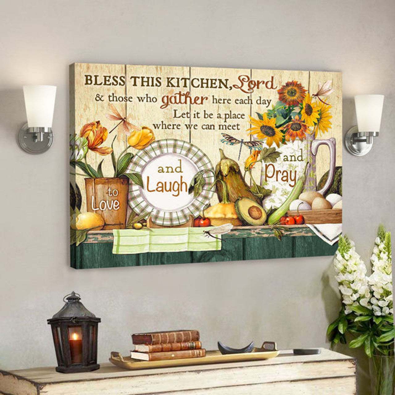 Gorgeous Dragonfly - Bless This Kitchen - Bible Verse Canvas - Scripture Canvas Wall Art 