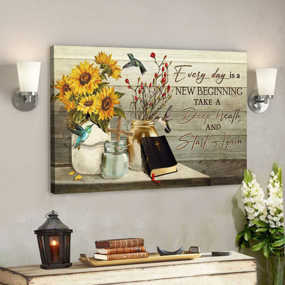 Hummingbird And Flower Jars - Every Day Is A New Beginning - Bible Verse Canvas - Scripture Canvas Wall Art 