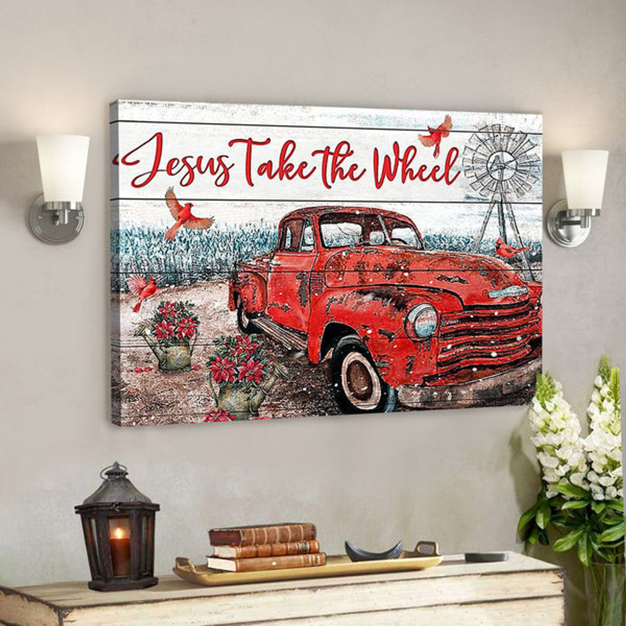 Bible Verse Canvas - Jesus Take The Wheel Red Truck Cardinal - Scripture Canvas Wall Art 