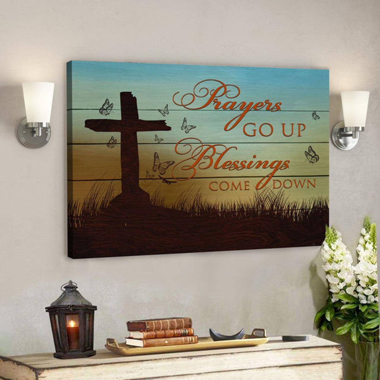 Bible Verse Canvas - Prayers Go Up Blessings Come Down Canvas - Scripture Canvas Wall Art 