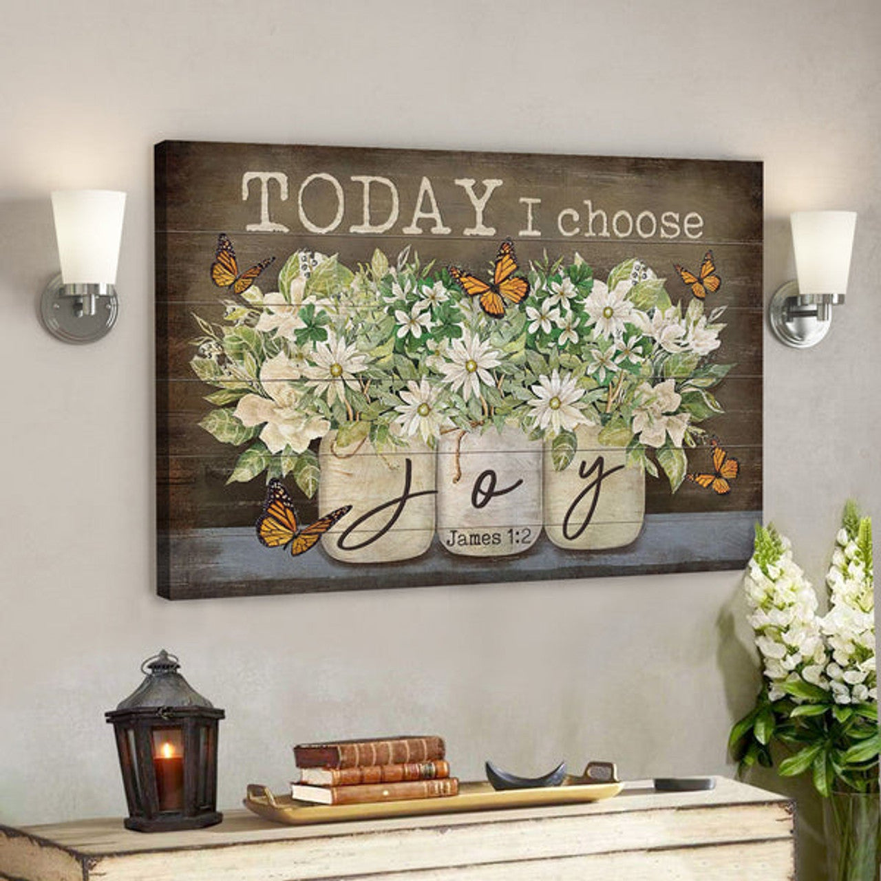 Bible Verse Canvas - Butterfly Flower James 12 Today I Choose Joy Canvas - Scripture Canvas Wall Art 