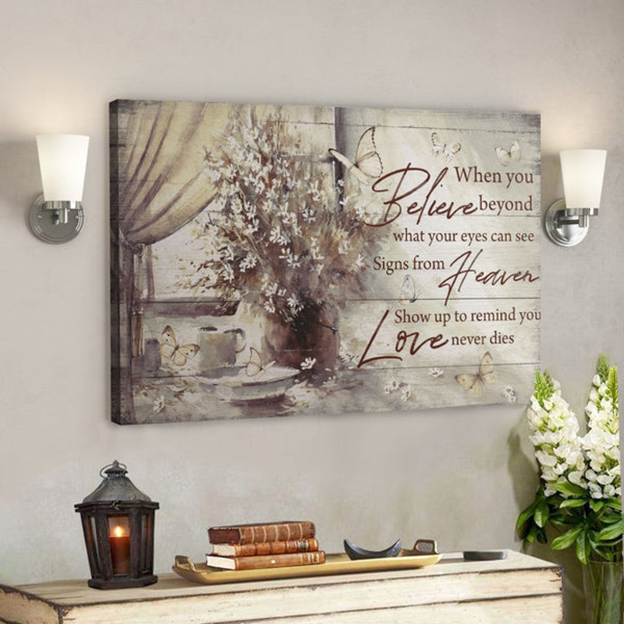 Bible Verse Wall Art Canvas - Heaven - Signs From Heaven Show Up To Remind You Love Never Dies Canvas 