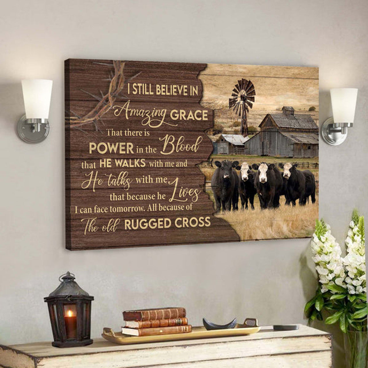 White Face Angus Cattle - The Old Rugged Cross Canvas Wall Art - Bible Verse Canvas - Scripture Canvas Wall Art 