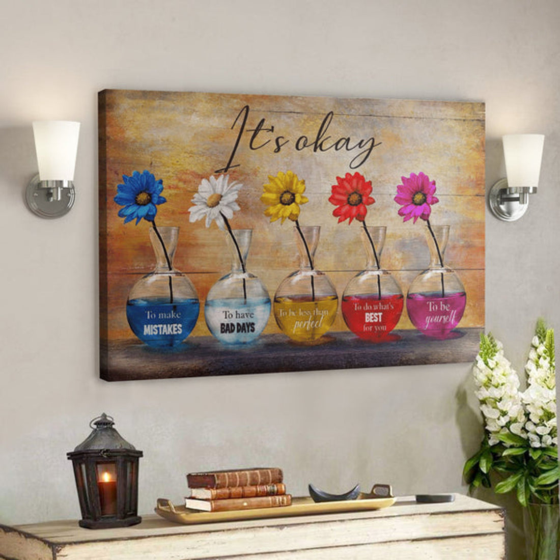 Bible Verse Wall Art Canvas - Colorful Daisy - Its Okay To Be Yourself Canvas 