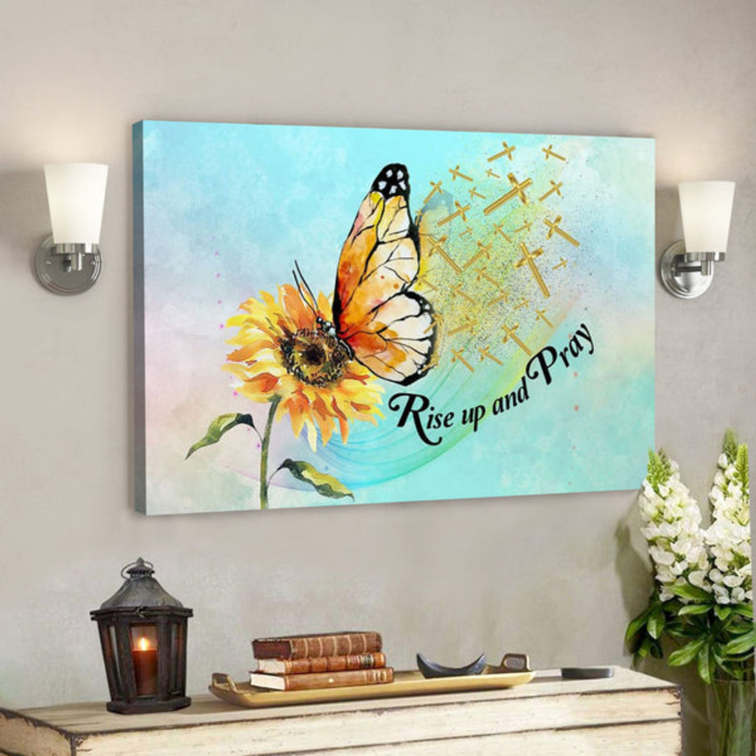 Bible Verse Canvas - Rise Up And Pray Butterfly Sunflower Christian Canvas Wall Art - Scripture Canvas Wall Art 
