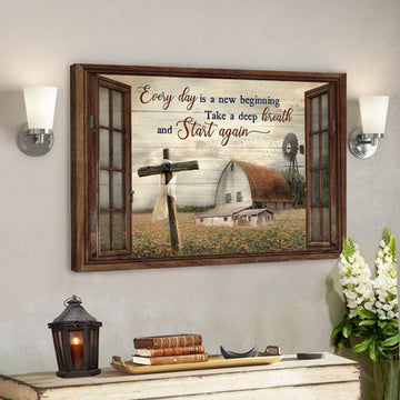 Cross With Tranquil Farm - Everyday Is A New Beginning- Bible Verse Canvas - Scripture Canvas Wall Art 
