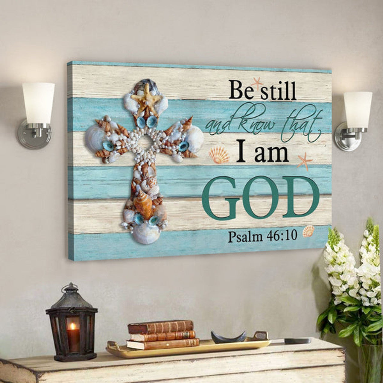 Bible Verse Canvas - Seashell Cross Be Still And Know Psalm 4610 Wall Art Canvas - Scripture Canvas Wall Art 