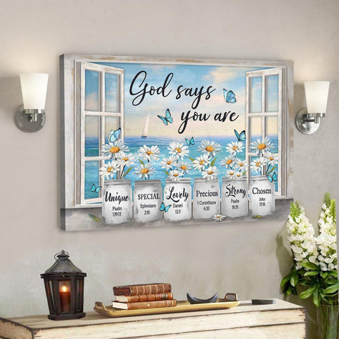 Bible Verse Canvas - Daisy Flower By The Window - God Says You Are Canvas Wall Art 
