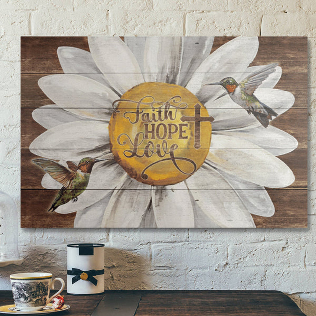Bible Verse Wall Art Canvas - Daisy And Hummingbird - Faith Love Hope Canvas