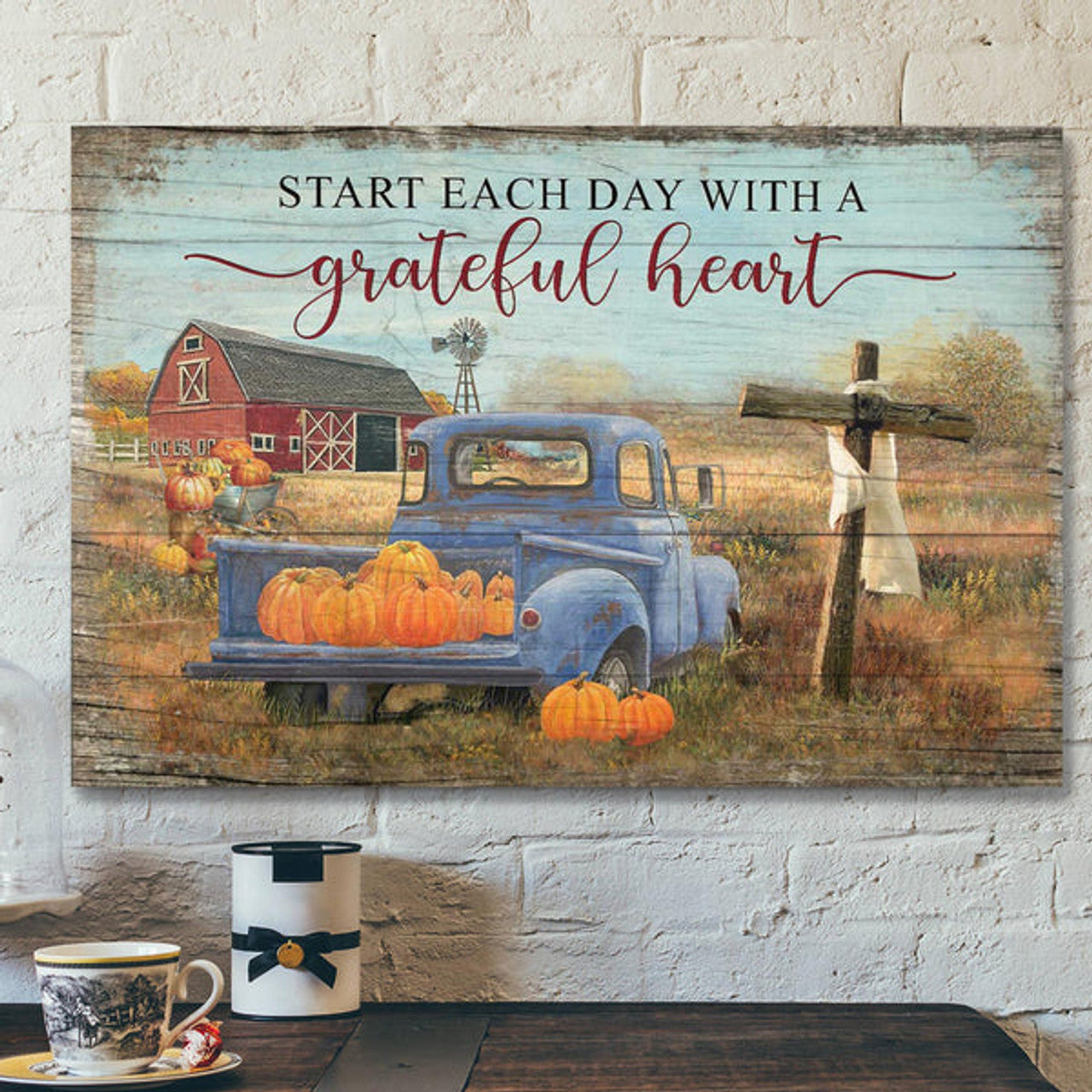 Pumpkin On Truck - Start Each Day With A Grateful Heart Canvas Wall Art - Bible Verse Canvas - Scripture Canvas Wall Art
