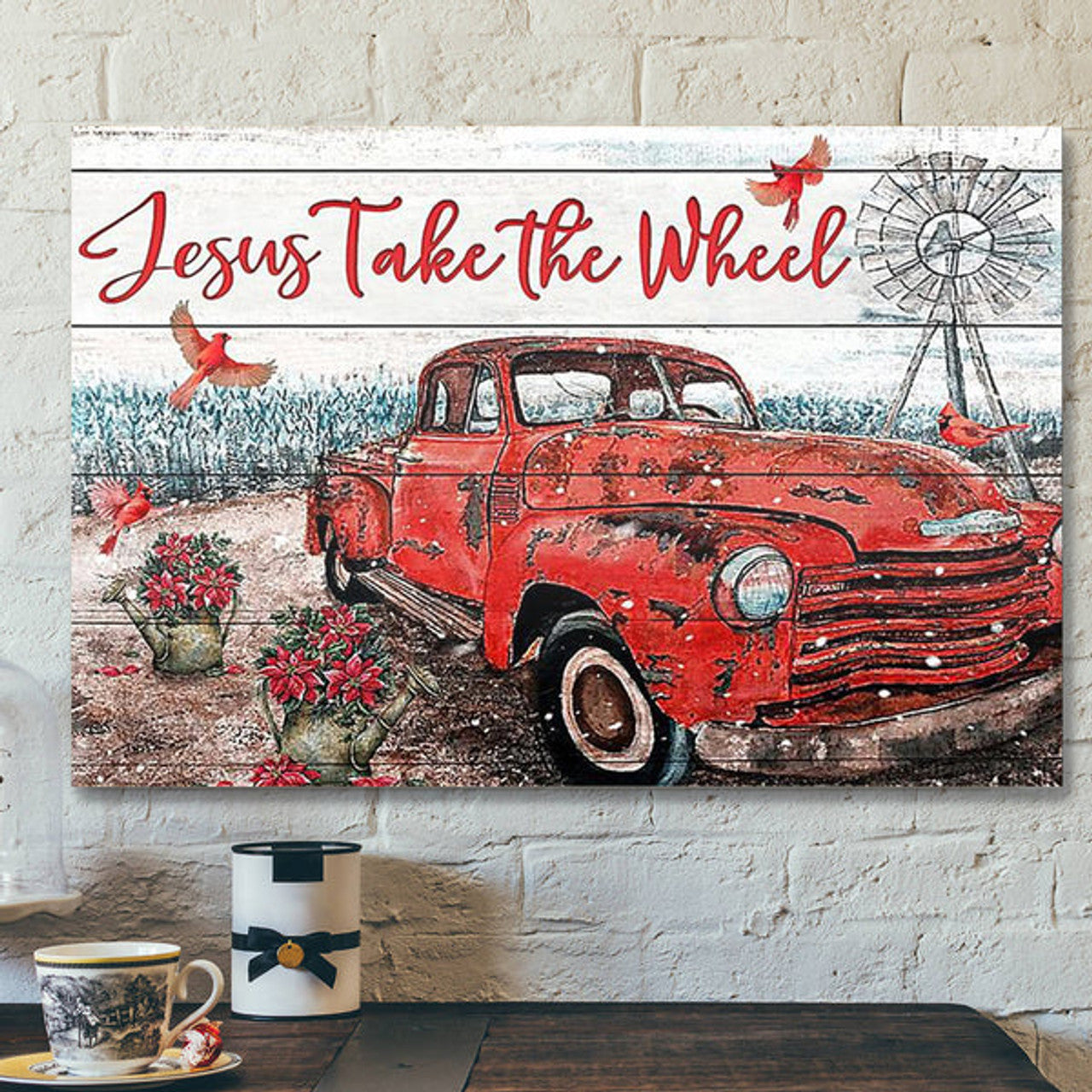 Bible Verse Canvas - Jesus Take The Wheel Red Truck Cardinal - Scripture Canvas Wall Art