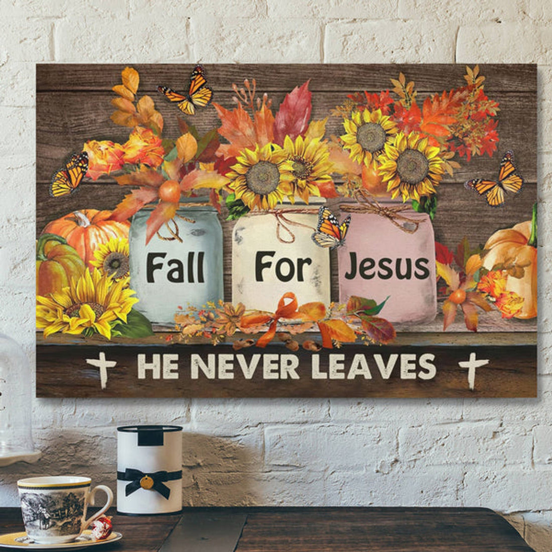 Bible Verse Canvas - Fall For Jesus He Never Leaves Autumn Pumpkin Wall Art Canvas Thanksgiving Wall Art - Scripture Canvas Wall Art