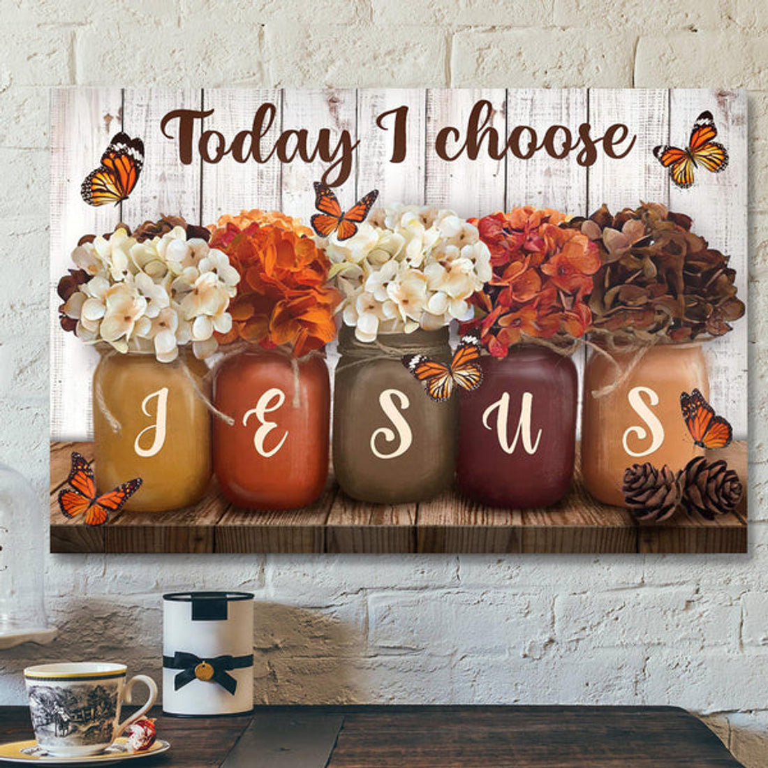Hydrangea Jar - Today I Choose Jesus Canvas Wall Art - Bible Verse Canvas - Scripture Canvas Wall Art